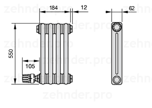Схема (чертеж) Радиатор Zehnder Charleston 2055/4 №V004 Белый глянцевый RAL 9016